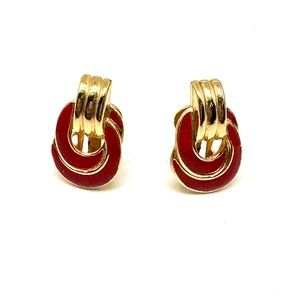 Vintage Goldtone Doorknocker Style Earrings Red Enamel Clip Ons